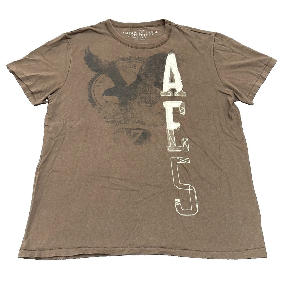 American Eagle Logo Embroidered Graphic T Shirt  Brown Y2K Men's Size XL